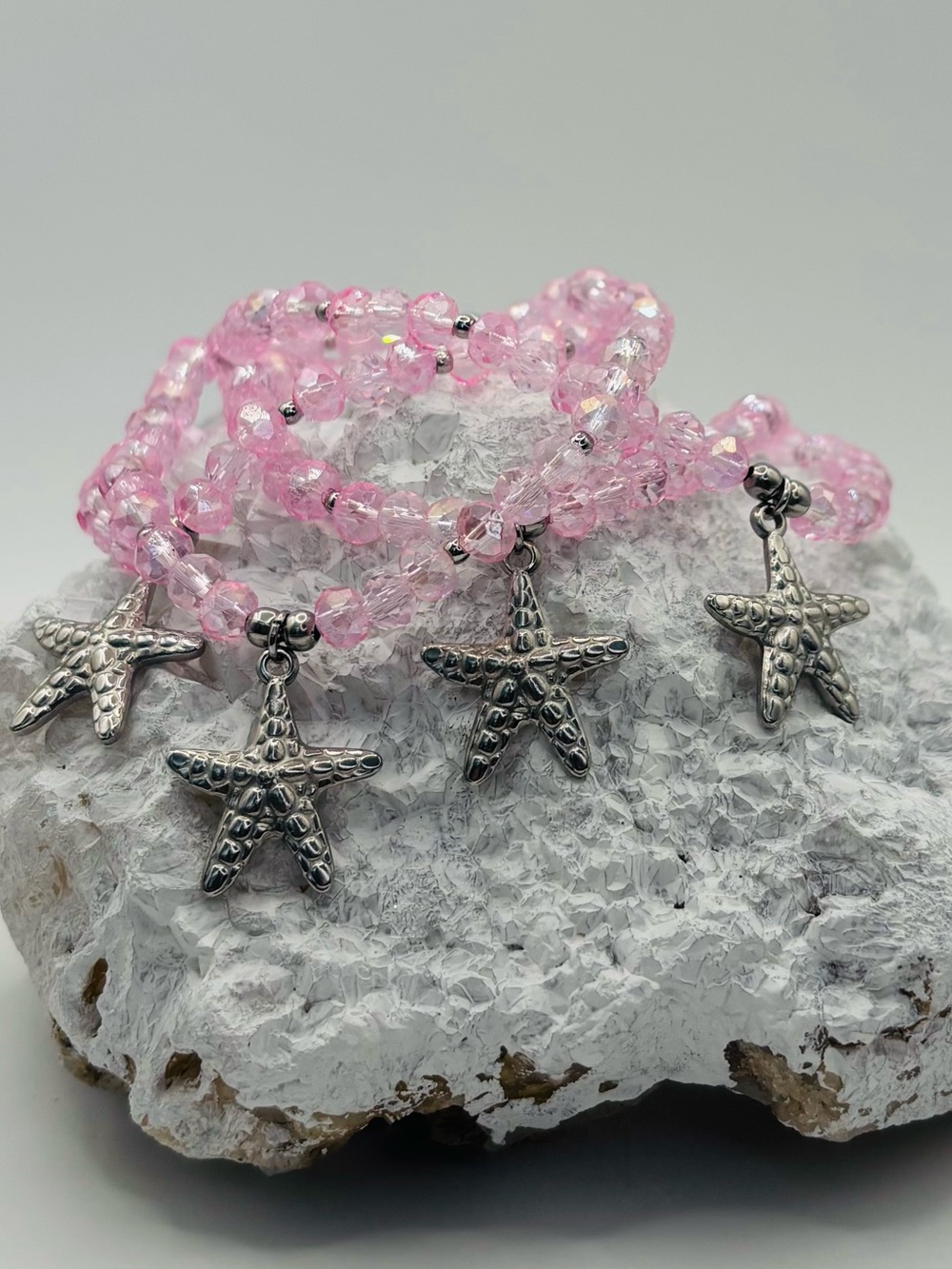 *ANKLET* S. Steel Silver Starfish with Pink AB Crystal Stretchy Anklet - Picture 7 of 7
